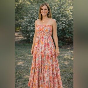 Tribal Strapless Pink and Orange Maxi Dress